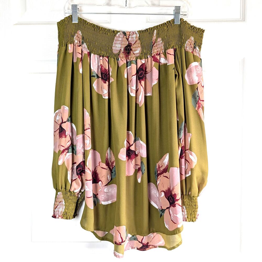 Adrienne Olive Green Off The Shoulder Smocked Floral Sleeve Blouse Top Size L
